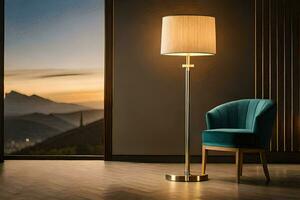 a modern floor lamp in a room with a view. AI-Generated photo