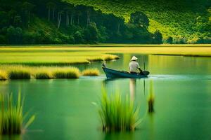 a man in a boat on a lake surrounded by green grass. AI-Generated photo