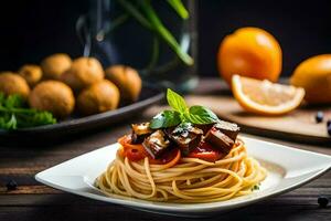 spaghetti with meatballs and vegetables on a plate. AI-Generated photo