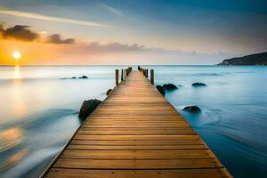 a wooden pier stretches into the ocean at sunset. AI-Generated photo