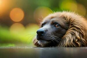 un marrón perro tendido en el suelo con sus cabeza arriba. generado por ai foto