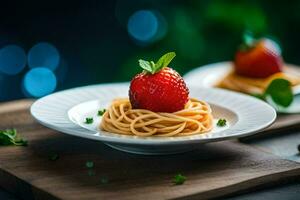 spaghetti with a strawberry on a plate. AI-Generated photo