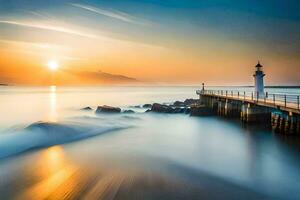 a lighthouse at sunset with waves crashing into the shore. AI-Generated photo
