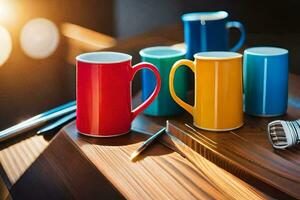 colorful coffee mugs on a table. AI-Generated photo