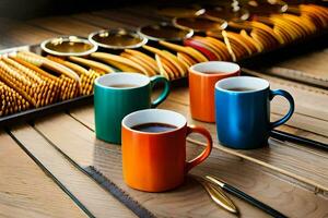 colorful coffee cups on a table with a wooden tray. AI-Generated photo