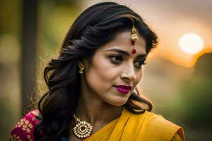 a beautiful indian woman in a yellow sari. AI-Generated photo