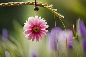 a pink flower hanging from a string. AI-Generated photo