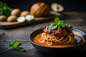 spaghetti with meat and sauce in a bowl. AI-Generated photo
