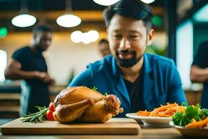 a man is looking at a roasted chicken on a table. AI-Generated photo