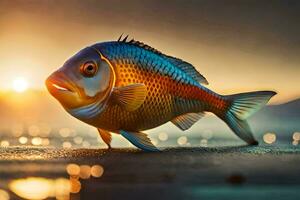 un pescado es en pie en el playa a puesta de sol. generado por ai foto