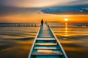 un hombre soportes en un de madera muelle a puesta de sol. generado por ai foto