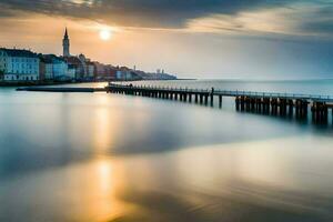 a long exposure photograph of a pier in the water. AI-Generated photo