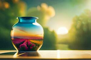 a vase with a sunset in the background. AI-Generated photo