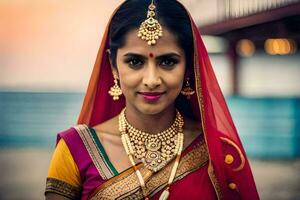 a beautiful indian woman wearing jewelry and a sari. AI-Generated photo