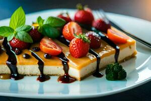 a piece of cheesecake with strawberries and berries. AI-Generated photo