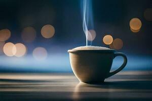 un taza de café en un mesa con un borroso antecedentes. generado por ai foto