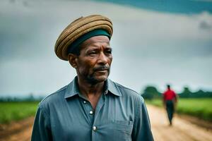 a man in a hat stands on a dirt road. AI-Generated photo