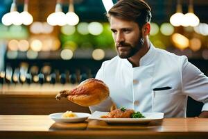 un hombre en un del chef uniforme participación un pavo. generado por ai foto