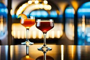 two glasses of wine on a bar counter. AI-Generated photo
