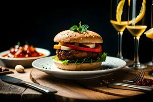 un hamburguesa y vino en un de madera mesa. generado por ai foto