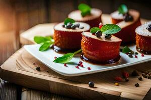 small cakes with chocolate and mint on a wooden board. AI-Generated photo