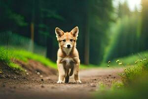 a puppy is walking down a dirt road in the forest. AI-Generated photo