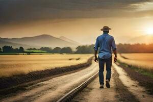 a man walking down a road in the middle of a field. AI-Generated photo