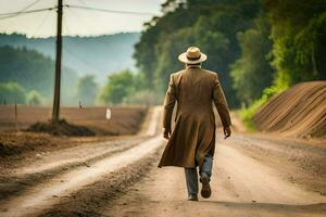 un hombre en un sombrero y Saco caminando abajo un suciedad la carretera. generado por ai foto