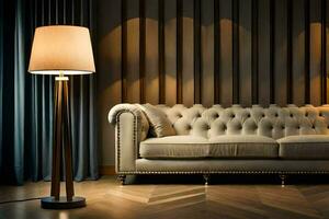 a modern living room with a couch and lamp. AI-Generated photo