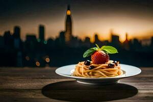 pasta with a view of the city. AI-Generated photo