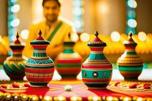 a man is sitting in front of colorful vases. AI-Generated photo