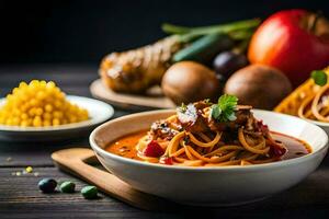 spaghetti with meat and vegetables on a wooden table. AI-Generated photo