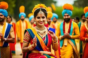 un mujer en tradicional indio atuendo es sonriente y posando con otro gente. generado por ai foto