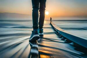 un persona caminando en un muelle a puesta de sol. generado por ai foto