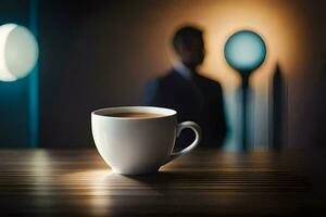a coffee cup on a table with a man in the background. AI-Generated photo