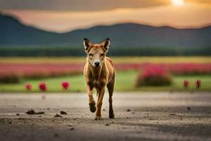 a dog walking across a dirt road at sunset. AI-Generated photo