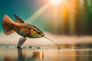 un pescado es caminando en el playa con un pescado gancho. generado por ai foto