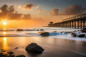 the sun sets over a pier and waves crashing into the ocean. AI-Generated photo