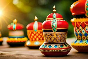 colorful decorative lamps on a wooden table. AI-Generated photo