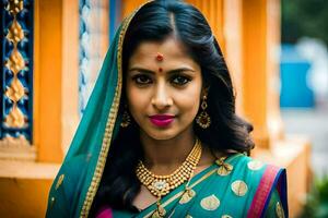 a beautiful indian woman wearing a sari and jewelry. AI-Generated photo