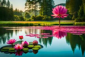 rosado loto flores en el agua con verde hojas. generado por ai foto