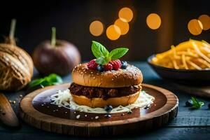 un hamburguesa con queso, bayas y un hoja. generado por ai foto