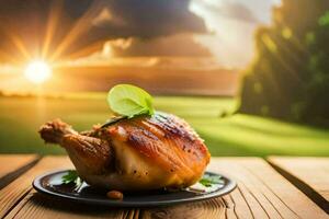 chicken on a plate with a sunset in the background. AI-Generated photo