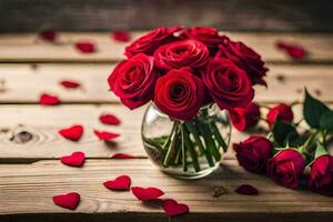 red roses in a vase on a wooden table. AI-Generated photo