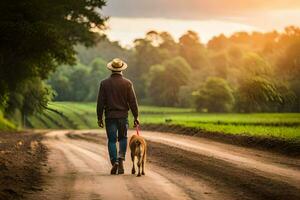 a man walking his dog down a dirt road. AI-Generated photo