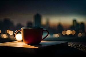 un rojo taza se sienta en un mesa en frente de un paisaje urbano generado por ai foto