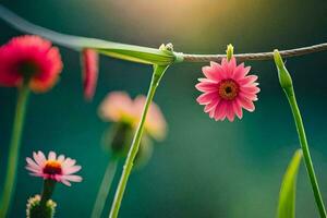 pink flowers are growing on a wire. AI-Generated photo