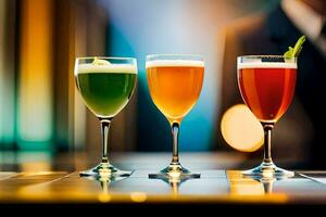 Tres diferente tipos de bebidas en lentes en un bar. generado por ai foto