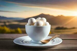 eggs in a cup on a table with mountains in the background. AI-Generated photo