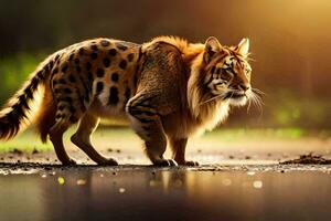 a tiger walking across a wet ground. AI-Generated photo